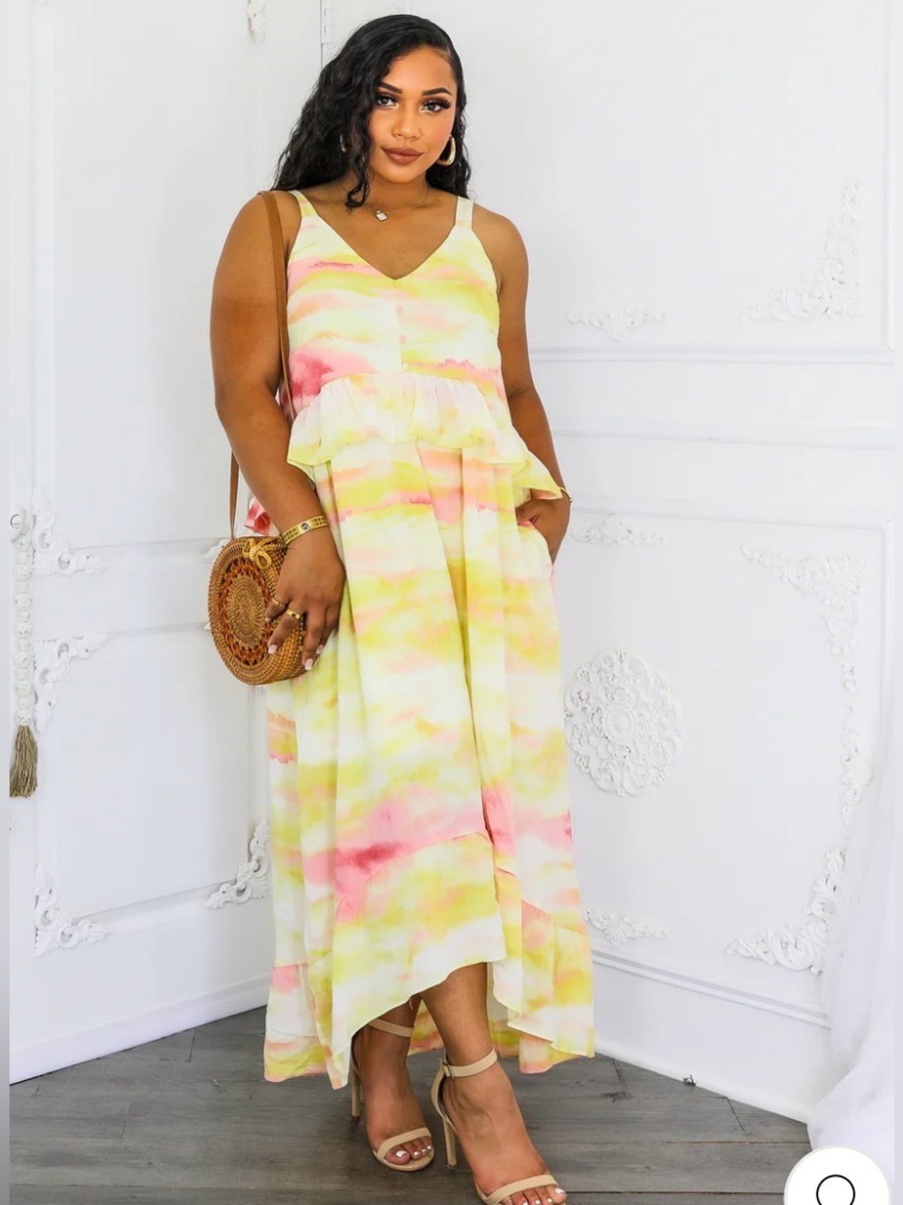 SurelyMine Size S Ruffle High Low Maxi Yellow & Pink Tie-Dye Pattern Dress